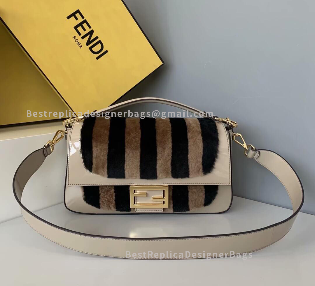 Fendi Baguette Large White Patent Leather And Sheepskin Bag GHW 0129L